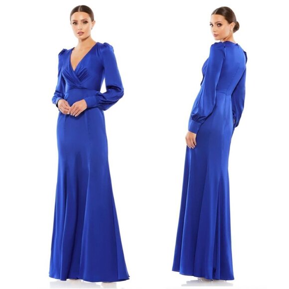 MAC DUGGAL Empire Long Sleeve Satin Trumpet Gown in Royal Blue Size US 4 - Picture 1 of 11